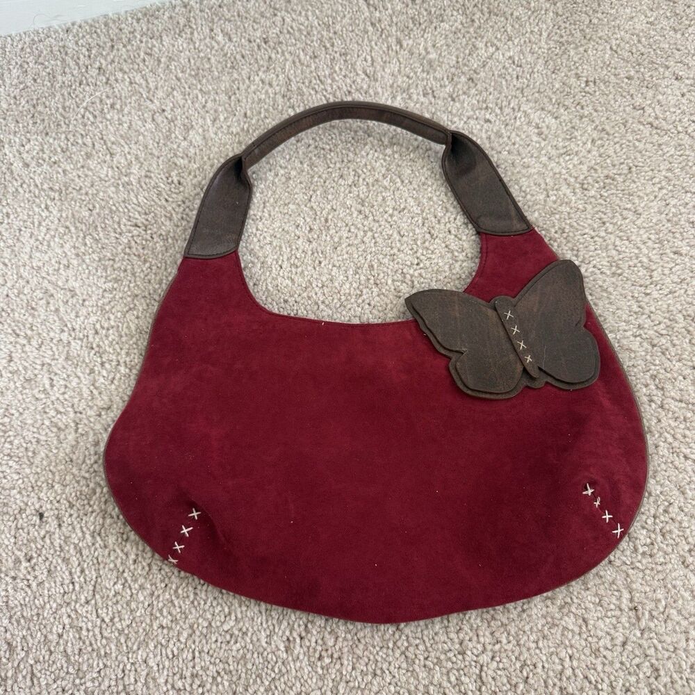 Vintage Butterfly Red Suede Leather Handbag Y2K Festival Artsy